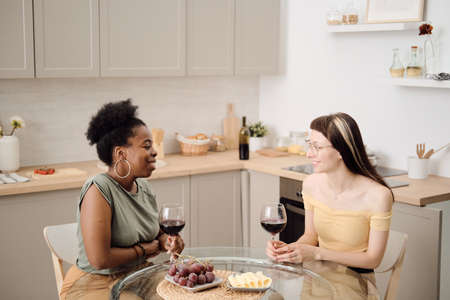 Two intercultural females having red wine in the kitchenの写真素材