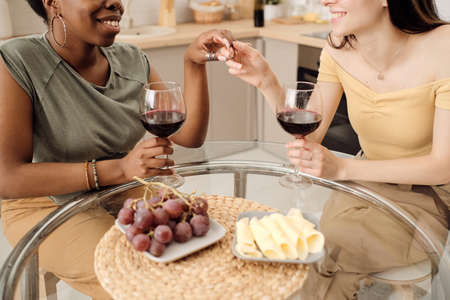 Two happy young women having red wine and snack by tableの写真素材