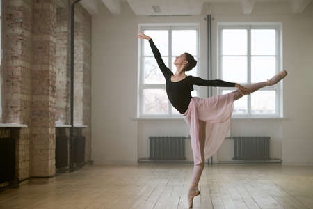 Young woman in tutu dress dancing ballet during training in dance schoolの写真素材