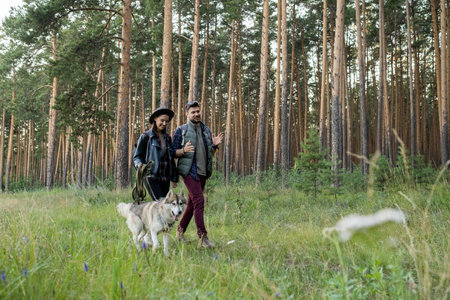 Happy young man and woman having chat while moving along footpath surrounded by pinetress in park or...