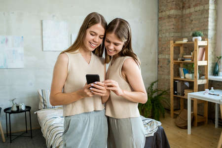 Cute blond twin sisters scrolling through photos or watching curious online video in smartphoneの写真素材