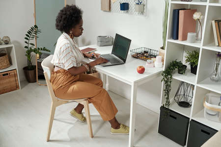Young contemporary businesswoman networking by desk in home environment