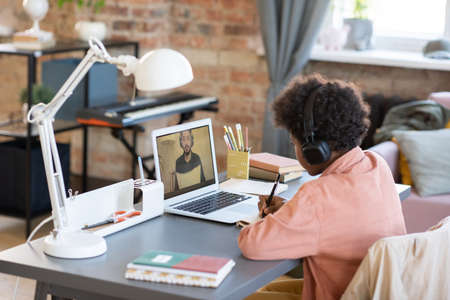 Diligent schoolboy in headphones making notes while looking at teacher on laptop screen during...