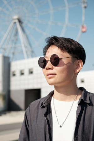 Contemporary girl in sunglasses and casualwear standing in front of camera not far from large...