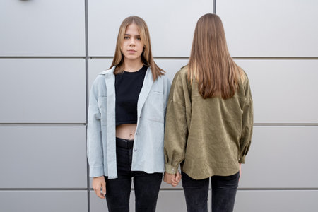 One of teenage twin girls in jeans and jackets standing aback while her sister looking at camera on background of building wallの写真素材