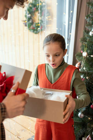 Surprised pretty girl standing against Christmas tree and holding gift box with ear muffs gifted by motherの写真素材
