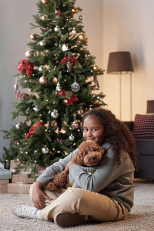 Happy girl with cute pet looking at you while sitting on the floor of living-room with decorated xmas tree on backgroundの写真素材