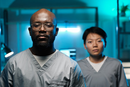 Two young intercultural researchers in uniform looking at camera while standing in laboratoryの写真素材