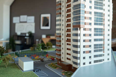 Layout of multi-storey house with yard at workplace of architect inside contemporary office or...