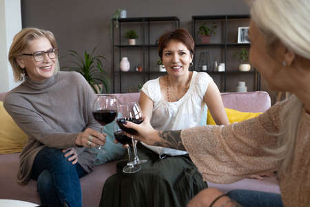 Happy mature friends toasting with glasses of red wine sitting on sofa in the room, they meeting at...