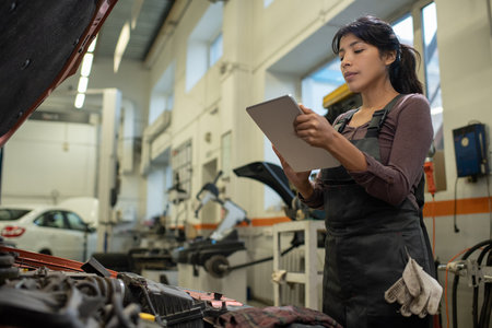 Young Hispanic woman in overalls looking at screen of digital tablet in her hands while repairing...