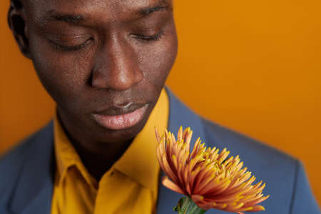 Face of young well-dressed African man looking at yellow flower while standing in front of camera in isolationの写真素材