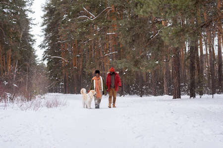 African couple enjoying the walk with their dog in winter forest during weekendの写真素材