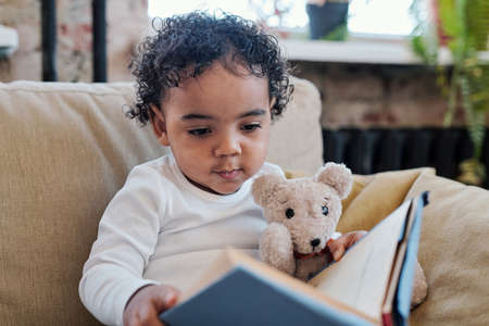 Curious little Black boy with curly hair sitting in armchair and reading book to toy bear