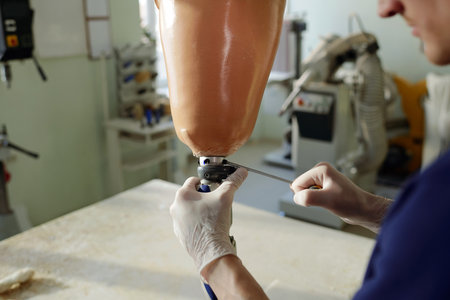 Specialist of prosthetic production factory fixing socket of leg prosthesis with screwdriver while assembling all sections of artificial limbの写真素材