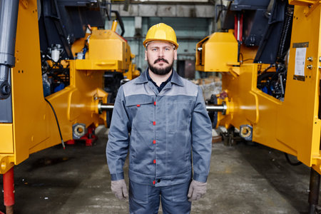 Confident mature male builder in safety helmet and workwear standing against huge industrial...