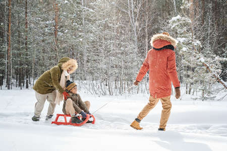 Young black woman pushing sledge with her happy little son while man in winterwear pulling it during...