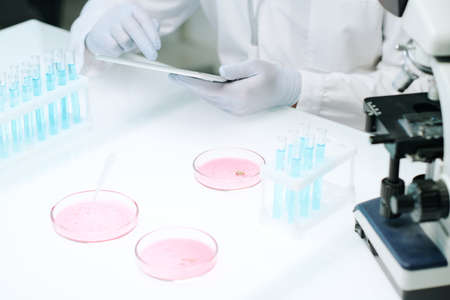 Gloved hands of contemporary chemist in whitecoat holding tablet during network while sitting by...