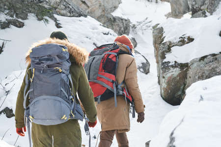Rear view of unrecognizable young people wearing warm clothes and backpacks hiking in mountains on...