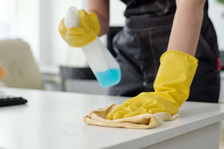 Young woman in protective yellow rubber gloves wiping dust on desk while spraying detergent and...