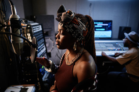Beautiful young female professional singer wearing ethnic outfit singing when recording song in...
