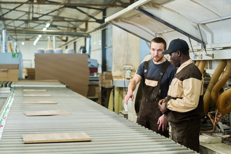 Worker in unifrm discussing production of details with foreman while they standing next to machine...