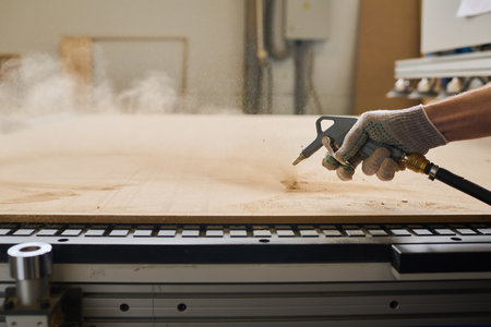 Close-up of worker in gloves processing wooden board with special equipment at machine