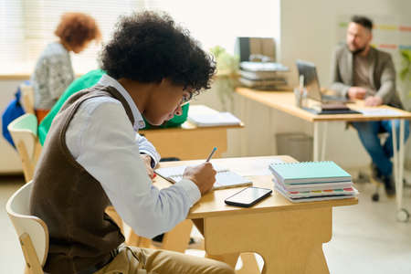 Highschool student in smart casualwear making notes in copybook at lesson while carrying out individual task against classmates and teacherの写真素材