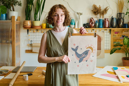 Happy young creative female in casualwear holding embroidery of whale and showing it to you while looking at camera in studioの写真素材