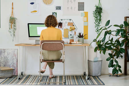 Back view of young businesswoman or freelancer working in front of computer monitor while sitting by...