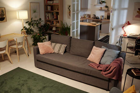 Interior of spacious living room with long soft comfortable couch with several cushions standing in...