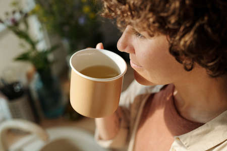 Close-up of young serene brunette woman having hot herbal tea while standing in front of window in the kitchen on sunny morningの写真素材