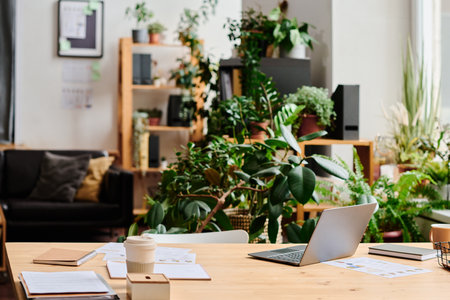 Workplace of white collar worker in office decorated with green domestic plants growing in flowerpots against couch and shelvesの写真素材