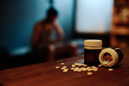 Two small bottle with painkillers or sleeping pills on wooden table against sleepless man with PTSD sitting on bed unable to get asleepの写真素材