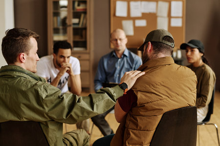 One of attendants of psychological session keeping hand on shoulder of upset man while comforting...