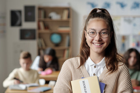 Smiling youthful schoolgirl in eyeglasses and casualawear looking at camera while standing in front of her classmates at lessonの写真素材