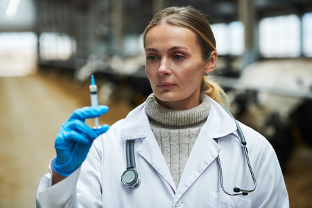 Young female veterinarian in labcoat and protective gloves preparing vaccine in syringe while standing in front of camera in cowfarmの写真素材
