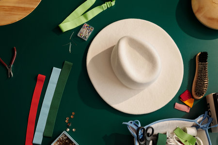 Top view of white felt hat among variety of textile samples, pins in small box, brush for cleaning new items and other supplies on tableの写真素材