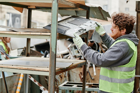 Volunteer putting metal pieces on shelves at scrapyard, preparing for recyclingの写真素材