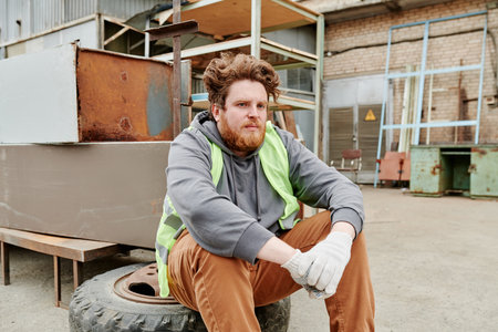 Sad tired man resting after working at scrapyard and sorting trash all day longの写真素材