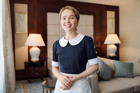 Young successful chambermaid in uniform standing in front of camera against couch and two lamps in room of luxurious hotelの写真素材