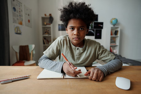 Serious schoolboy sitting by desk in front of computer in home environment and looking at you during online lessonの写真素材