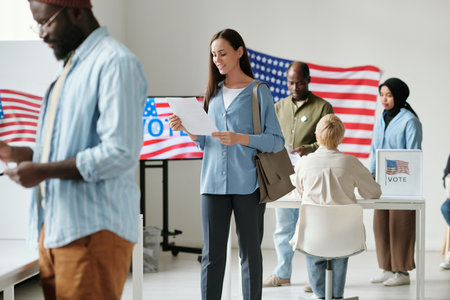 Happy young woman looking through ballot paper while standing in queue at polling place among intercultural citizens of USAの写真素材