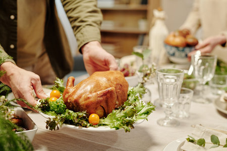 Hands of young man putting plate with homemade roasted poultry decorated with green lettuce and yellow tomatoes on tableの写真素材