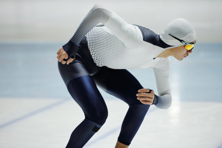 Young active man in speed skating uniform and eyeglasses bending forwards while practicing one of exercises during trainingの写真素材