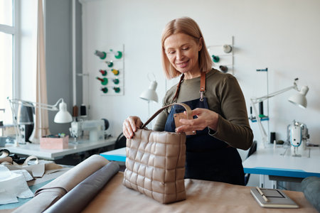 Happy mature female leatherworker looking at new beige handmade handbag while standing by workplace...