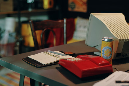 Close-up of workplace with vintage telephone and computer on table
