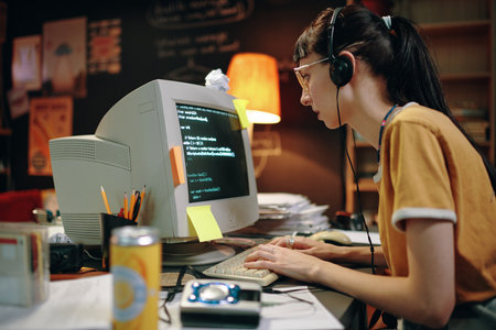 Young woman in headphones typing codes for new software on computer, she working at her workplace in...