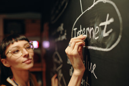 Young woman drawing business plan of computer technology on blackboard