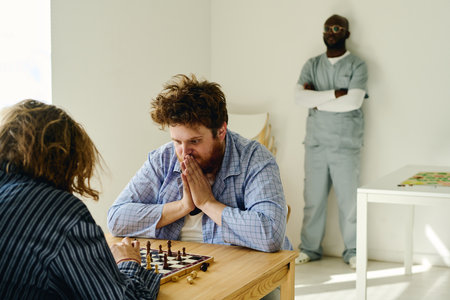 Young nervous man keeping palms put together by face and looking at chessboard while playing with...